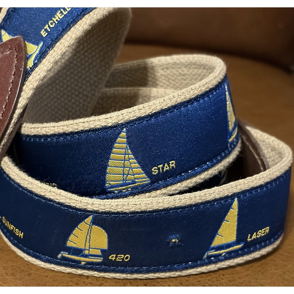 Belted Cow Co Nautical Sailboat Ribbon Club Belt Mens 44 Leather Preppy Yacht - Picture 2 of 7
